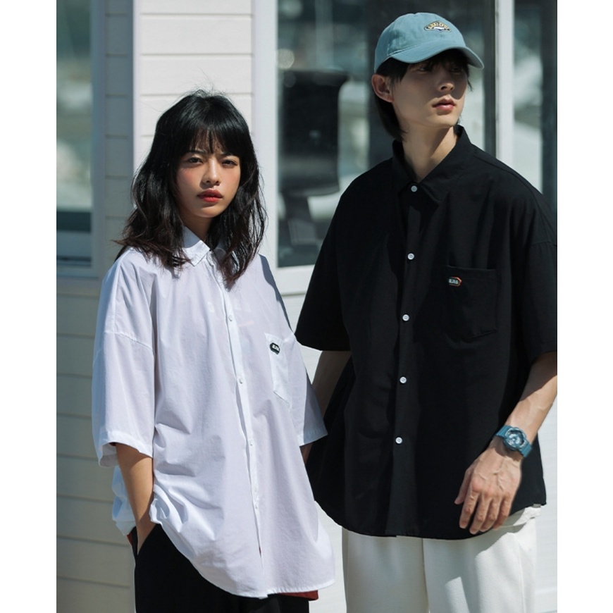 Áo sơ mi trơn MEANSTORE nam nữ tay lỡ Oversize form rộng ulzzang không nhăn dáng suông - LOGO CAO SU