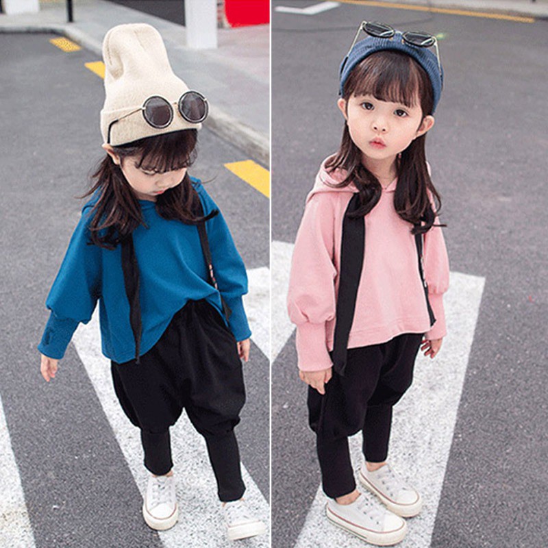 Bộ áo dài tay có mũ và quần dài bo gấu đáng yêu cho bé gái