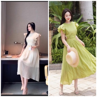 Đầm tơ nhăn viền ren đai eo 2 màu xanh, trắng