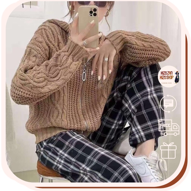 Áo khoác len nữ mùa đông hàng Quảng Châu dày dặn, áo len thừng dài tay có mũ phong cách Hàn Quốc 9011 Kizoshop
