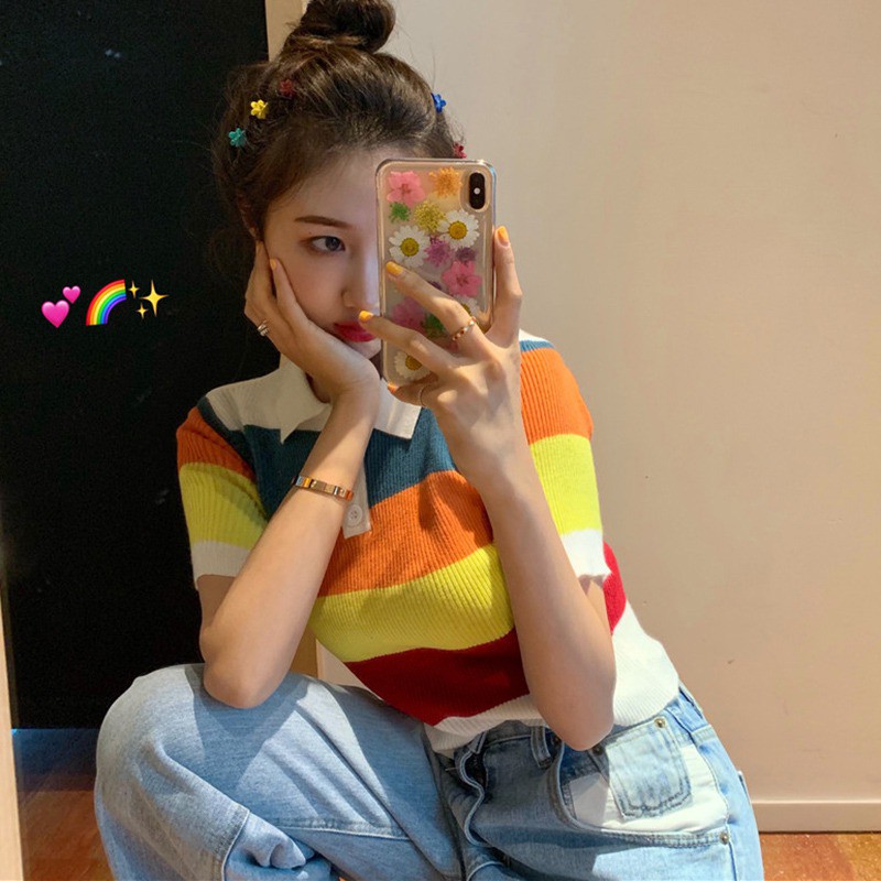 Áo thun polo nữ sọc ngang phối màu tương phản | BigBuy360 - bigbuy360.vn