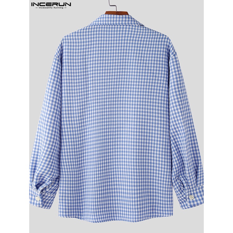 Áo sơ mi INCERUN dáng rộng cổ bẻ kẻ sọc caro thời trang cho nam