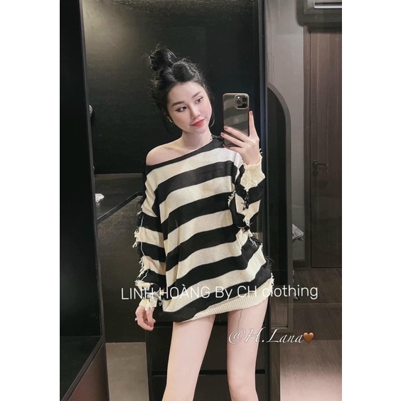 ÁO LEN KẺ RÁCH VIỀN TUA RUA DÁNG RỘNG