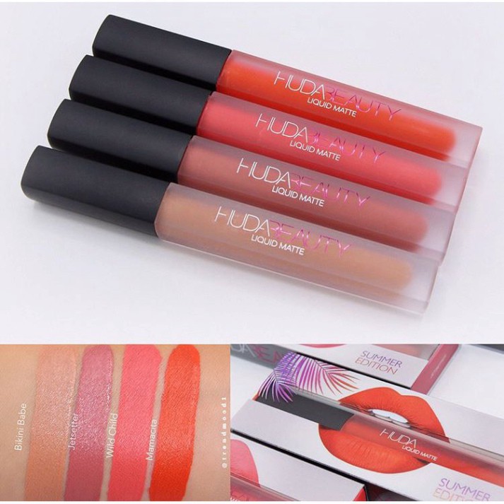 Set 4 son môi kem lì huda beauty liquid matte đẹp cao cấp loại tốt nhất màu hồng đỏ trầm