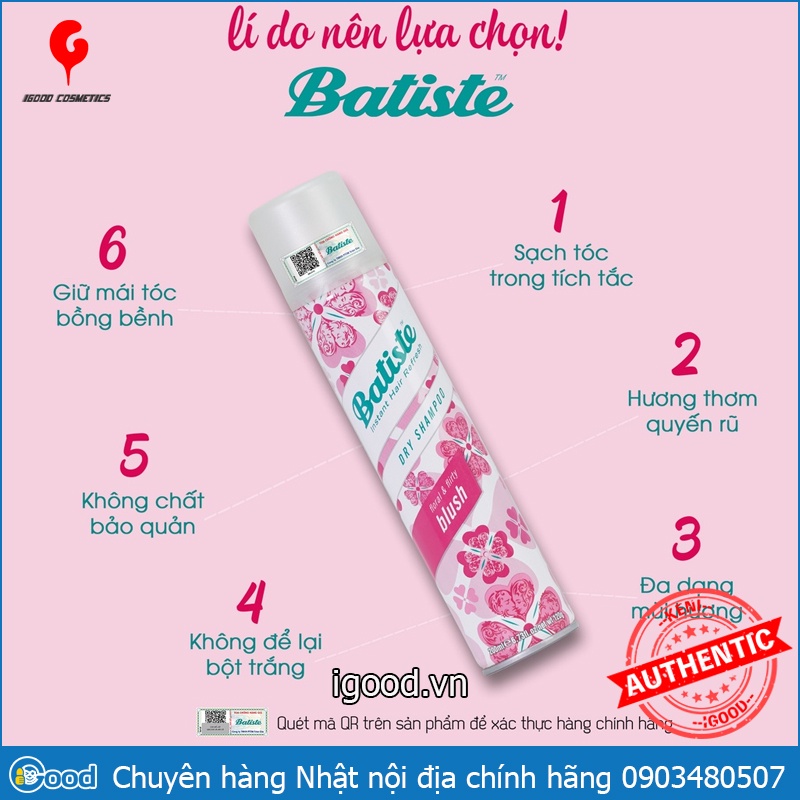 Dầu Gội Khô Batiste Dry Shampoo 200ml chính hãng UK