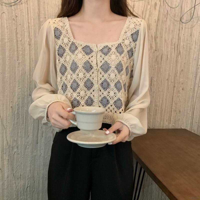 Áo sơ mi chiffon dệt kim cổ vuông tay phồng phối nút kiểu retro Hàn Quốc xinh xắn cho nữ