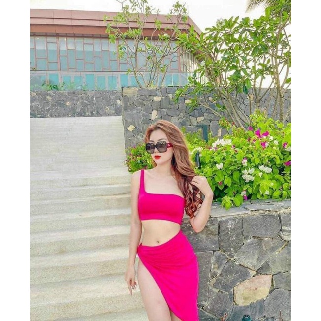 Bikini nữ đồ bơi bộ bơi đi biển set 3 món áo lệch vai váy xoắn dài qua gối  EVA S3MVX