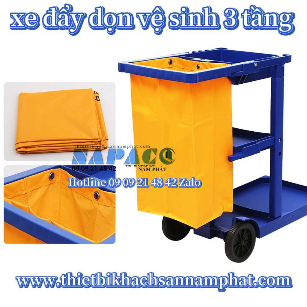 Xe dọn vệ sinh túi vải 3 tầng nhựa màu xanh