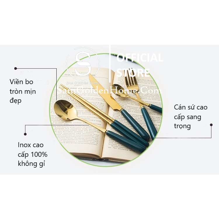 Dao Muỗng Đĩa Đũa Bộ Dụng Cụ Ăn Sang Trọng Inox 304 Ăn Cơm Cafe Tráng Miệng Xanh Lục Mạ Vàng Gold Xanh Cổ Vịt Bắc Âu
