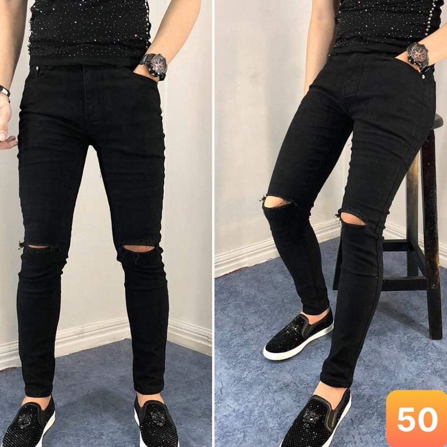 Quần jean nam màu đen trơn rách gối chất liệu bò jeans cao cấp co dãn 4 chiều đẹp form rin skinny LAVADO9