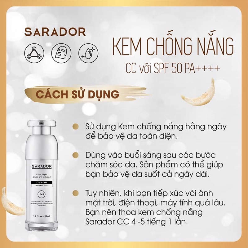Kem chống nắng makeup CC cream Sarador spf50PA++++ kiềm dầu, nâng tone, cấp ẩm, dùng cả cho da nhạy cảm