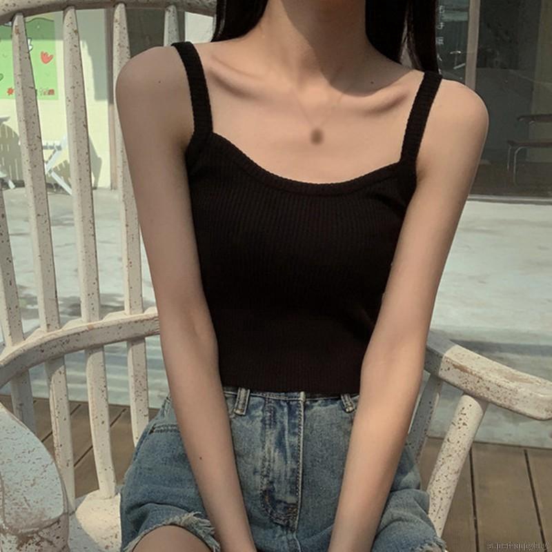 Áo hai dây dệt kim cổ vuông màu trơn kiểu dáng thời trang cho nữ