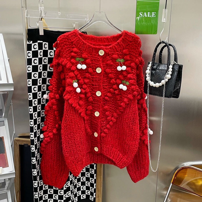 Áo khoác cardigan IELGY len dáng rộng họa tiết quả cherry phong cách retro thời trang dành cho nữ