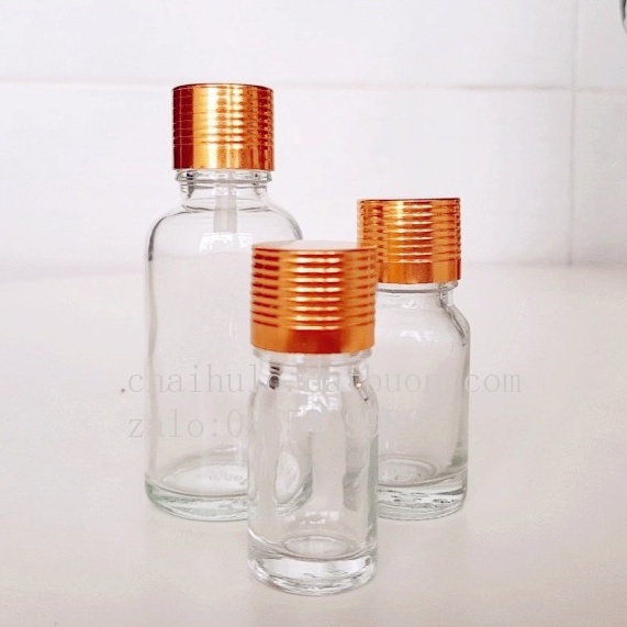 COMBO 10 vỏ Chai thủy tinh ( chai trong xuốt nắp vàng xoắn + nhỏ giọt) :10ml 20ml 30ml 50ml 100ml - Lọ chiết tinh dầu