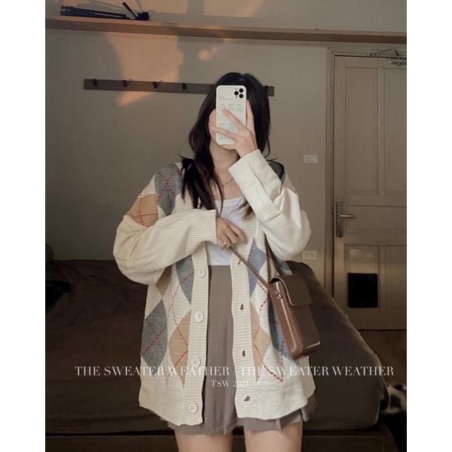 Áo khoác CARDIGAN len kẻ trám dày dáng rộng oversize