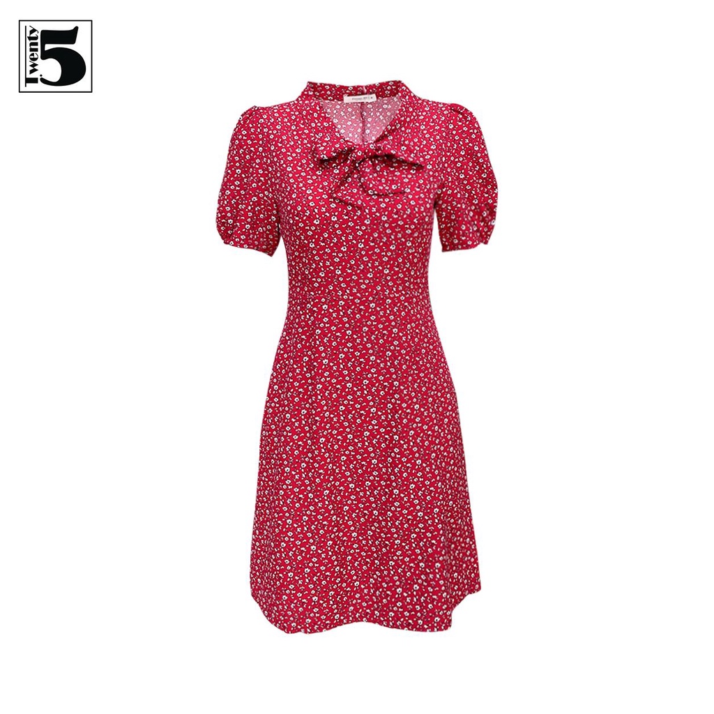 Váy đầm nữ midi công sở hoa nhí tay bồng cổ thắt nơ Twentyfive TD10
