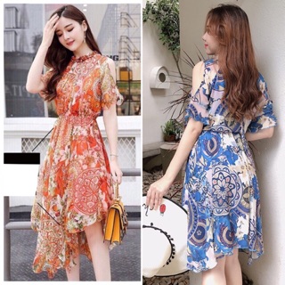 Đầm nữ cổ tròn tay ngắn hở vai nhún thun eo size S M L XL
