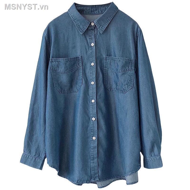 Áo sơ mi denim tay dài thời trang mùa thu Hong Kong mới cho nữ
