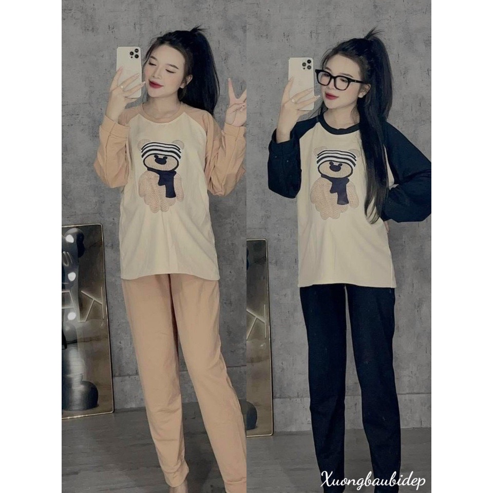 Bộ đồ bầu  dài tay chất Cotton Da Cá phối họa tiết Gấu mặc bầu và sau sinh dễ thương BD951