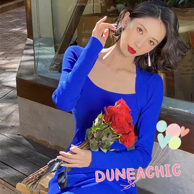 DUNEA Đầm Dệt Kim Cổ Vuông Lưng Cao Thiết Kế Quyến Rũ Cho Nữ