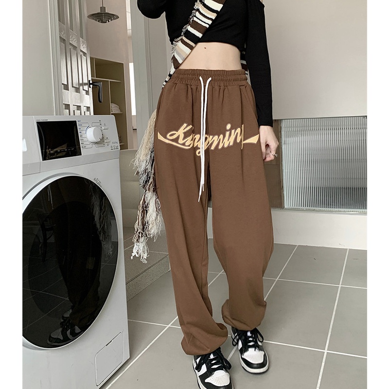 Quần Thể Thao Lưng Cao Ống Rộng In Họa Tiết Thời Trang