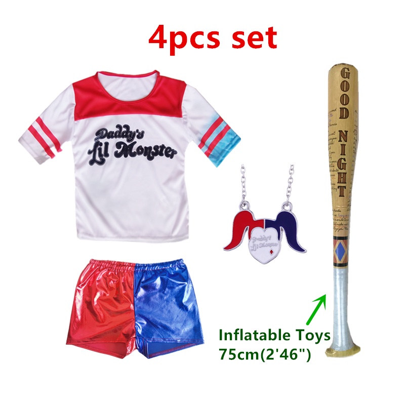 Halloween Kids Girls Suicide Squad Harley Quinn Trang phục Cosplay T-shirt Bộ quần short