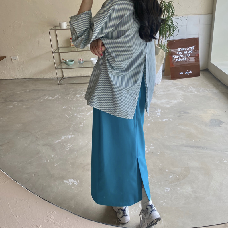 Spot  summer  western style  split ends  high waist  drape  skirt + blue  stripes  shirt | BigBuy360 - bigbuy360.vn