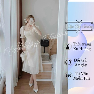 Đầm tay phồng xếp ly ngực