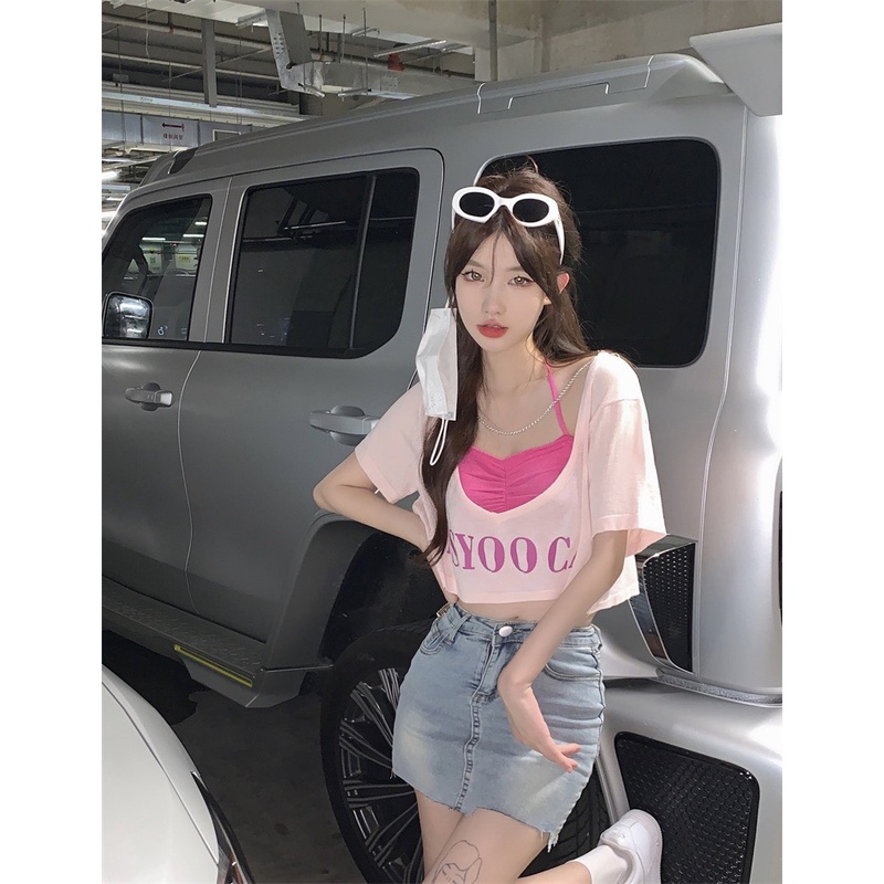 Set Áo Croptop 2 Áo Tay Ngắn RANSHI Dáng Rộng Sexy Phối Dây Xích Đi Chơi Đi Cafe Đi Biển Đẹp Hot - RA053