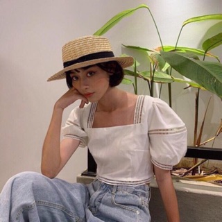 Áo kiểu croptop cổ vuông tay phồng trắng ulzzang đi học du lịch đơn giản