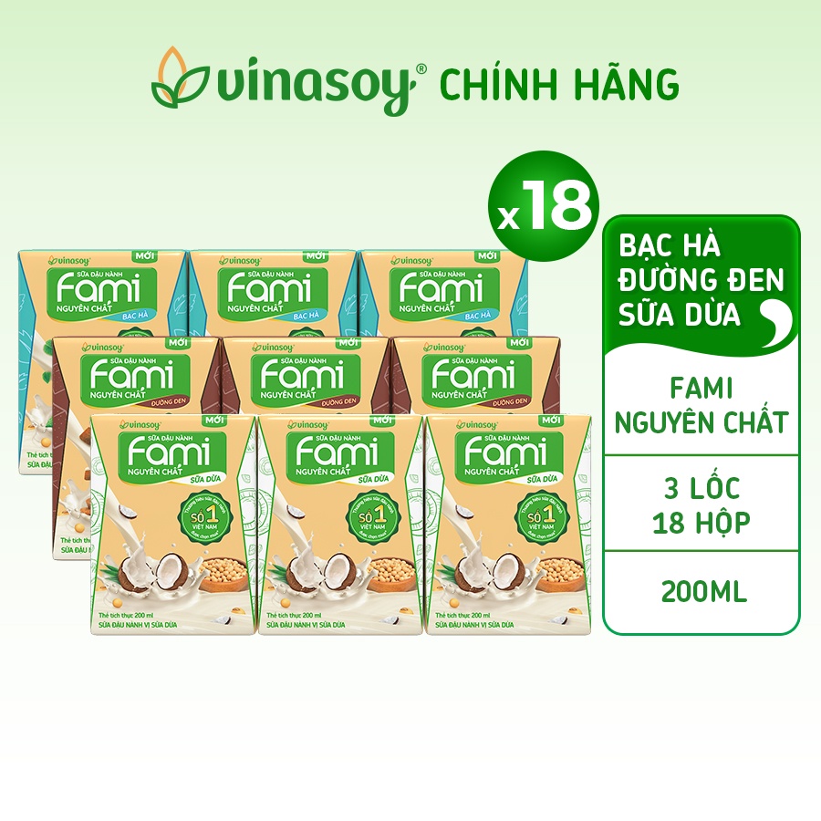 Combo 3 lốc sữa đậu nành Fami Nguyên Chất vị Bạc hà, vị Đường đen và vị Sữa dừa (18 hộp x 200ml)