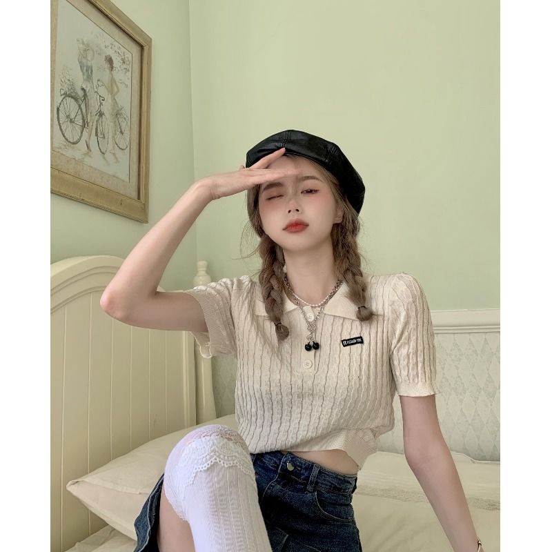 Áo polo Dệt Kim Ngắn Tay Thời Trang Mùa Hè Phong Cách Retro Mỹ Cho Nữ