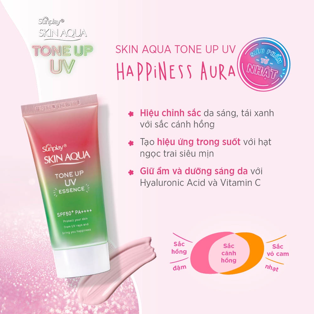 Tinh chất chống nắng nâng tông Sunplay Skin Aqua Tone Up UV Essence Happiness Aura (Rose)50g