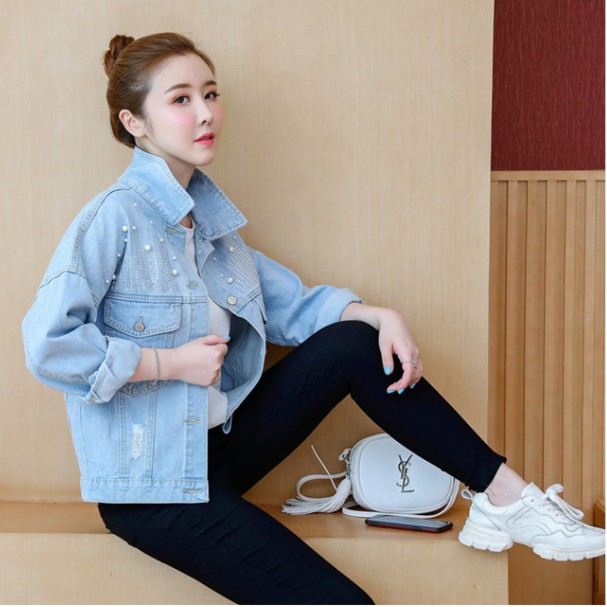 Áo Khoác Denim Dáng Rộng Đính Hạt Xinh Xắn Cho Nữ