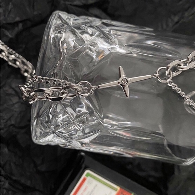 Vòng cổ 2 lớp Stainless Steel phối dây xích mặt ngôi sao 4 cánh đính đá - Dây chuyền Titan Nam Trending