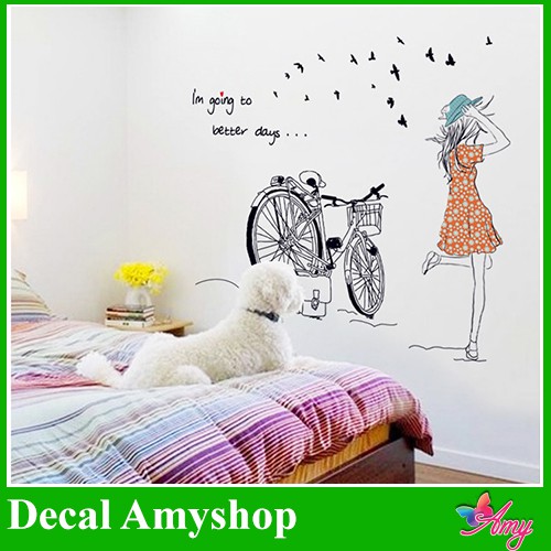 Decal dán tường phòng ngủ [GIÁ SĨ] Cô gái xe đạp trang trí phòng ngủ dễ thương