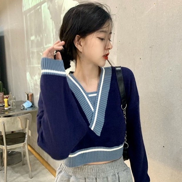QADCOL Áo Dệt Kim Tay Dài Cổ Chữ V Phối Màu Tương Phản Thời Trang Retro Cho Nữ