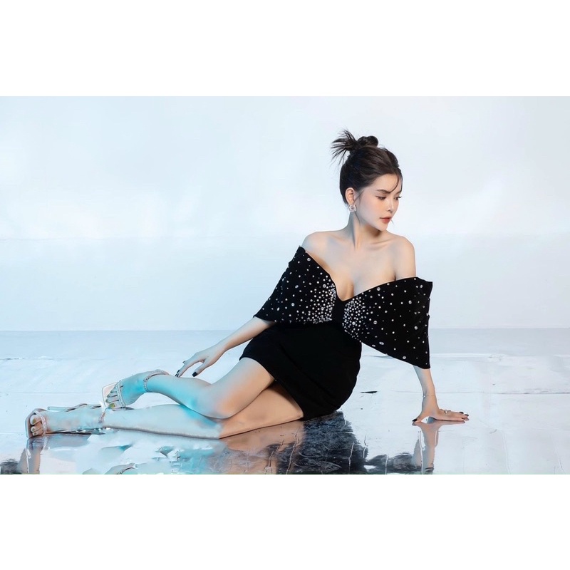 Đầm dáng A TRIPBLE T DRESS chất nhung kết đá pha lê bẹt vai- size S/M/L -MS232Y