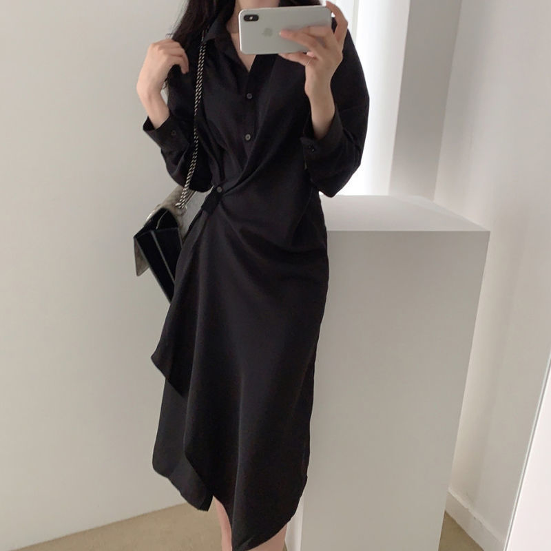 Design sense irregular shirt skirt women's spring and autumn mid length temperament waist slim dress DS020