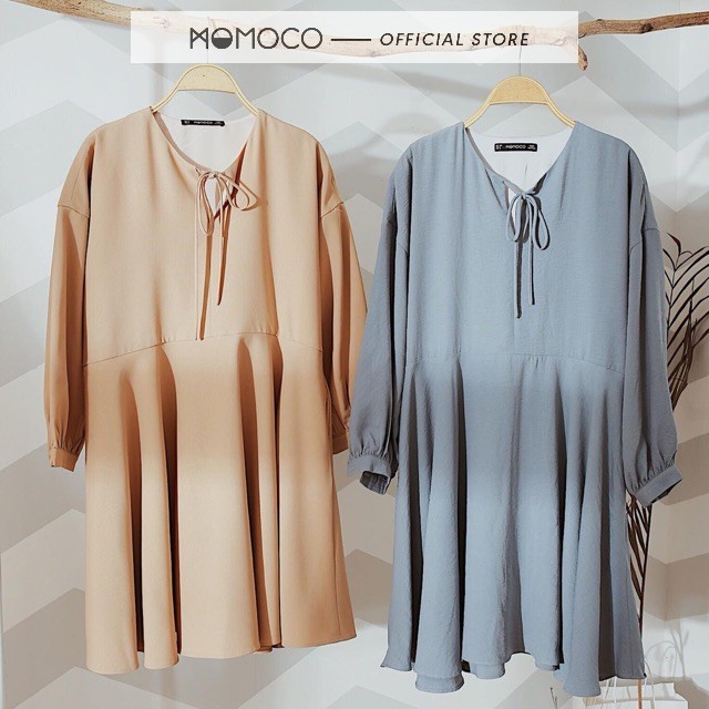 Đầm Dáng Xòe MOMOCO Chất Tuýt Si Mềm Mại Thiết Kế Buộc Nơ Cổ Màu Xanh Dễ Thương M2186