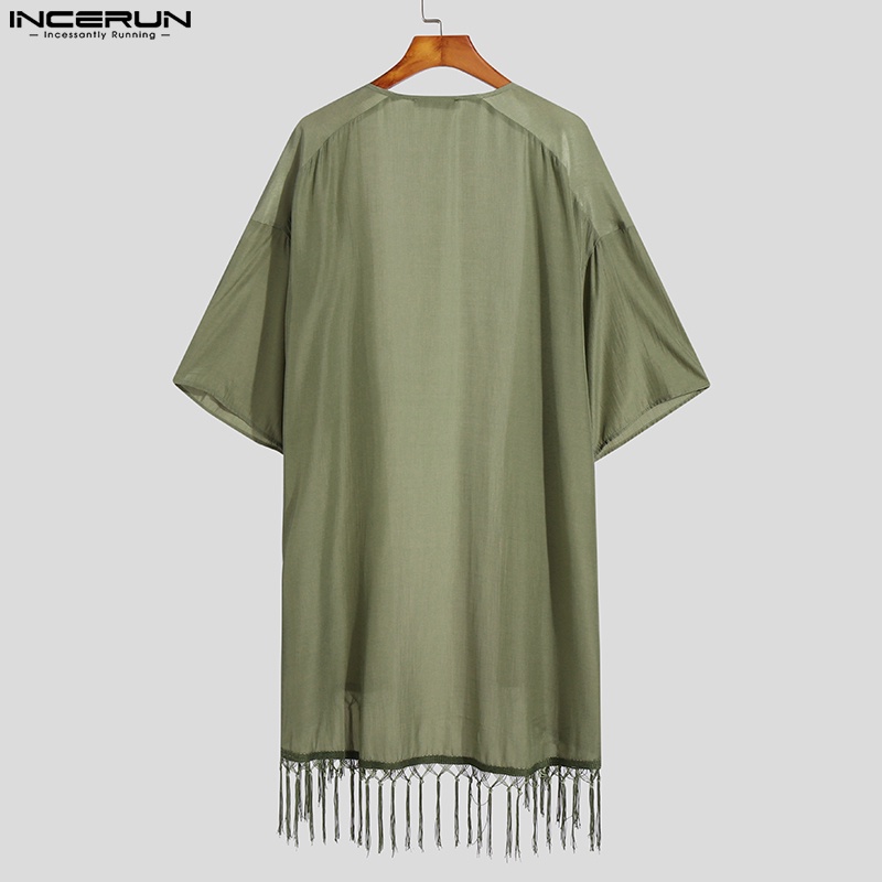 INCERUN Áo Khoác Cardigan Tay 3/4 Dáng Rộng Màu Trơn Phối Tua Rua Thời Trang Mùa Hè Cho Nam Giới 3 Màu Lựa Chọn