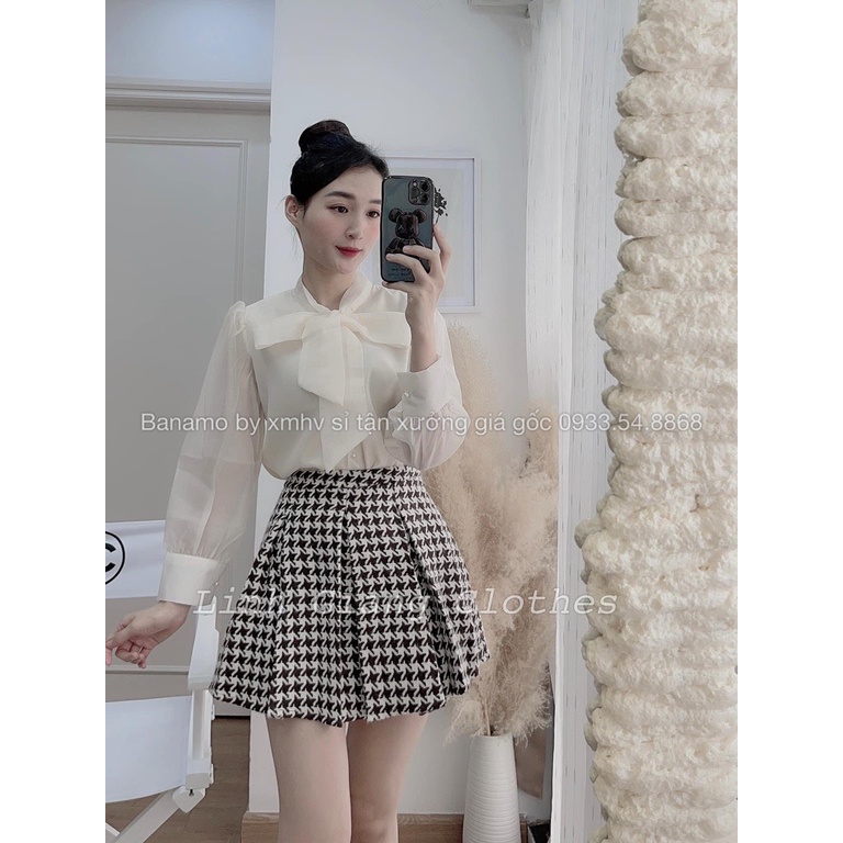Áo sơ mi cổ nơ voan tơ cao cấp tay bồng phối khuy ngọc thời trang Banamo Fashion 3914