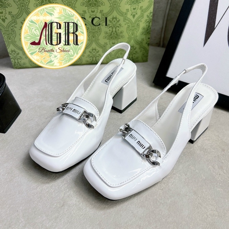 Sandal gót mũi vuông khoá MM gót vuông hh 6 cm