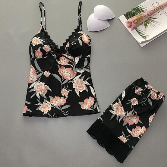 (Có size, túi zip) Bộ mặc nhà 2 dây lụa Quảng Châu cổ V / bộ ngủ 2 dây lụa pha ren hoạ tiết Tropical