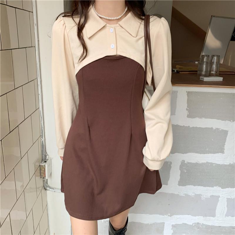 Set váy 2 chi tiết dài tay phiên bản be kem nâu và đen xám