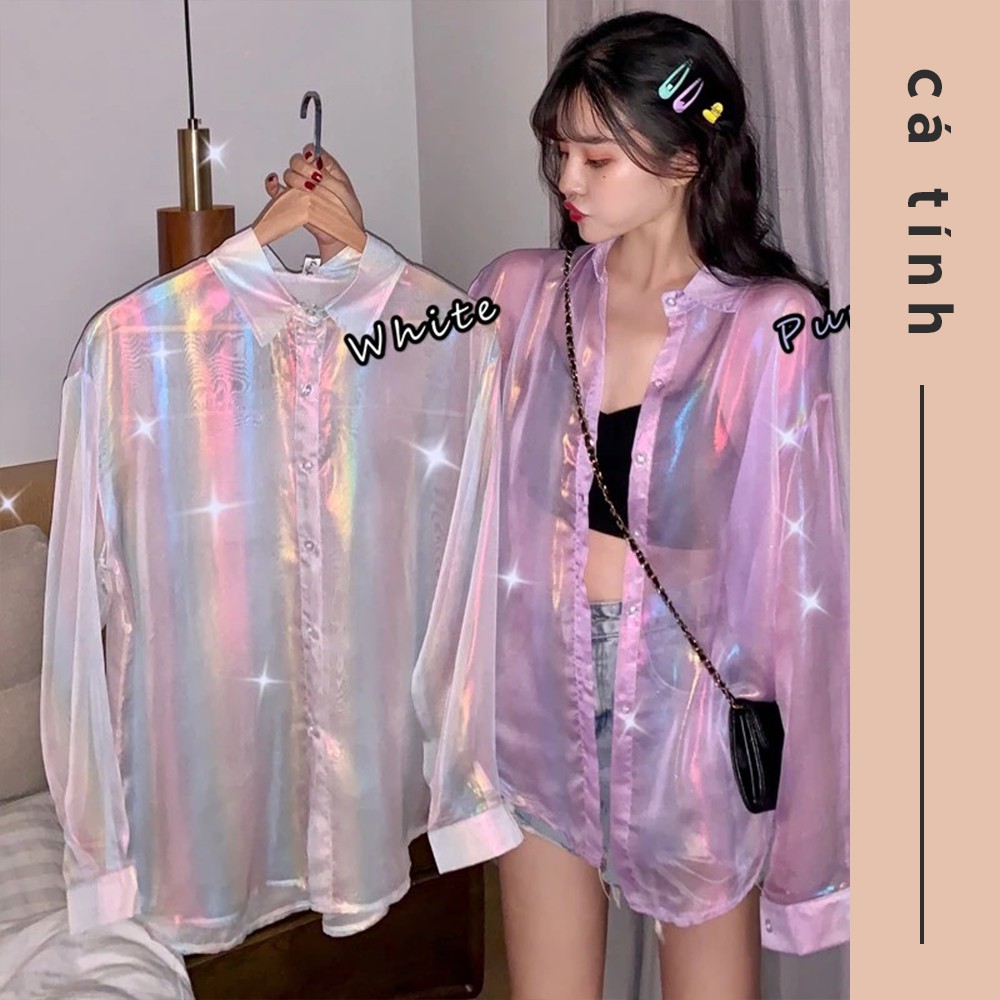 Áo Sơ Mi Khoác Ngoài Cardigan Mỏng Dài Tay Họa Tiết Màu Cầu Vồng Lấp Lánh A00032 | BigBuy360 - bigbuy360.vn