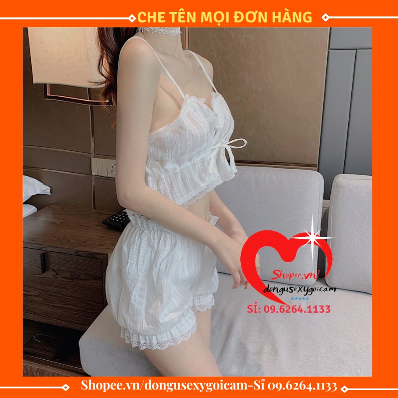 Bộ Đồ Ngủ Nữ  Dễ Thương Hai Dây Sexy Màu Trắng Thô Đũi Gợi Cảm Mặc Ngủ Mặc Ở Nhà -Bộ quần áo ngắn