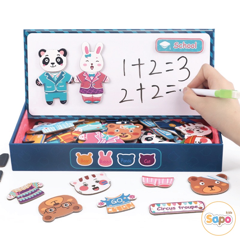 Đồ chơi cho bé,bộ xếp hình gỗ thay quần áo cho gia đình thỏ gấu sapo kids