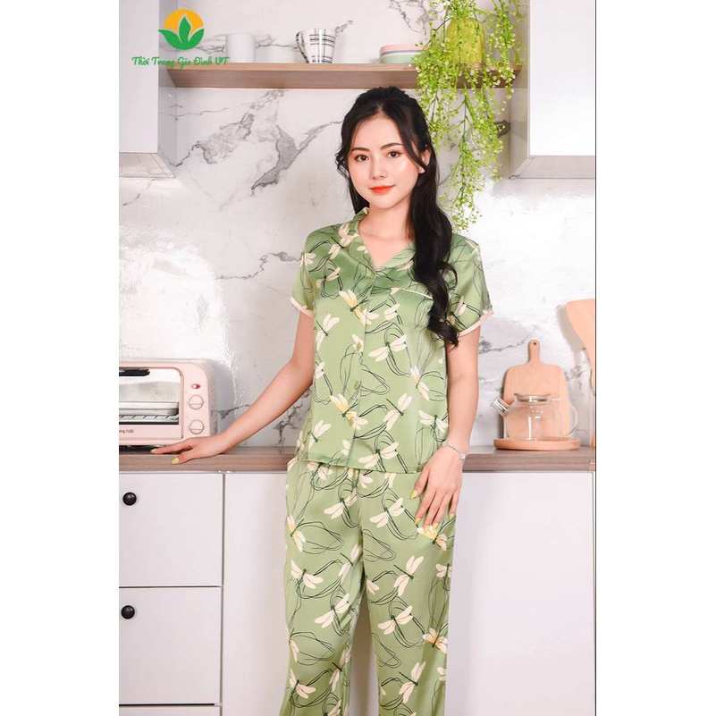 Bộ pijama lụa quần dài áo cộc tay