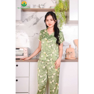Bộ pijama lụa quần dài áo cộc tay